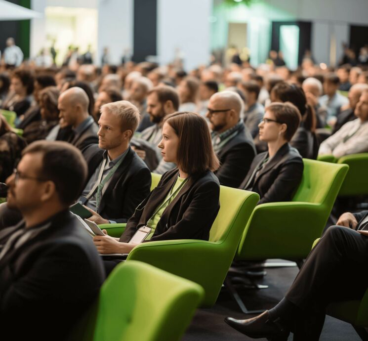 Diverse Frauen und Männer sitzen und hören in einer Veranstaltung zu