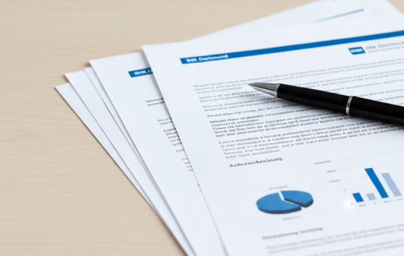 Auf einem Tisch liegen beispielhaft ein paar Blätter mit einem Kugelschreiber