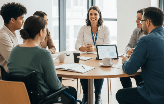 Einge Gruppe junger und älterer Menschen verschiedener Herkunft sitzen zusammen am Tisch